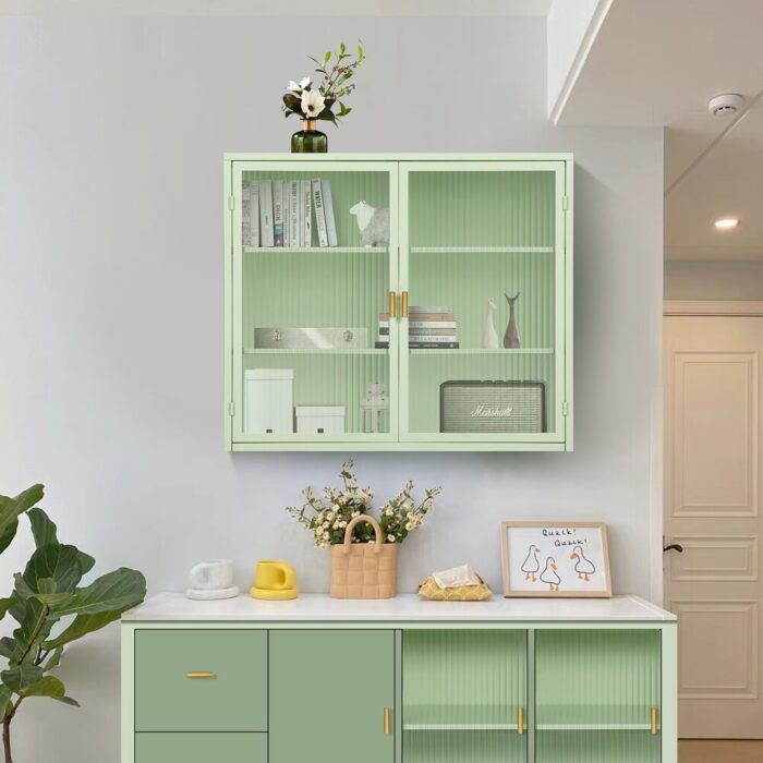 3-tier Storage Wall Medicine Cabinet for Dining Room Sideboard Fluted Glass Over The Toilet Wall Mount Mint Green Cabinet - Image 2