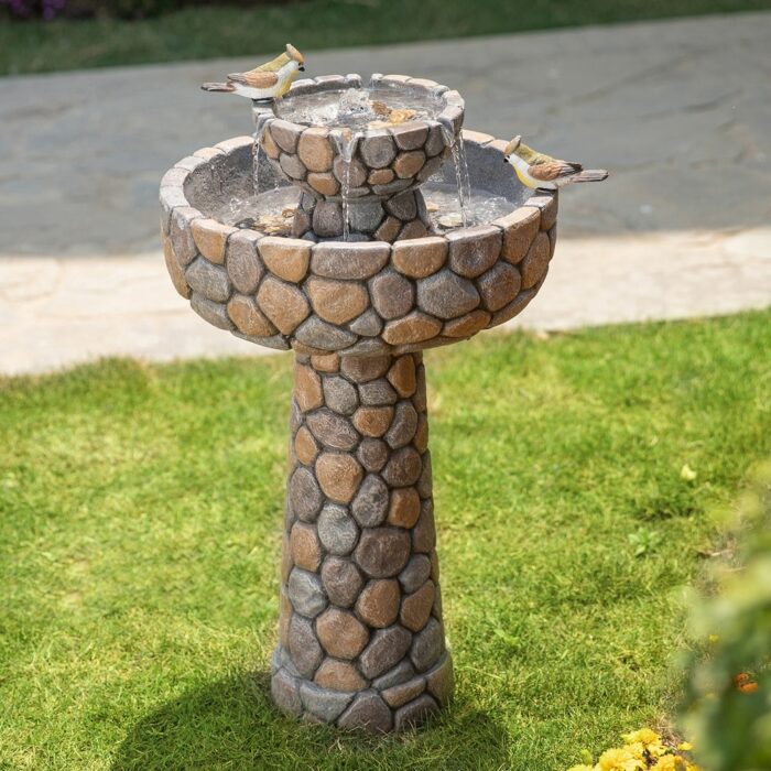 Glitzhome 24.5-inch Outdoor 2-tier Faux Pebbles Polyresin Birdbath Fountain with Pump - Image 2