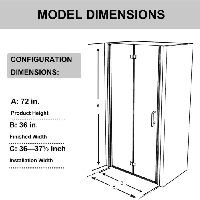 ExBrite 36'' x 72'' Shower Door Frameless Hinged Bifold Panel Designed Glass Door,Thick Tempered Glass,Reversible Installation - Image 2