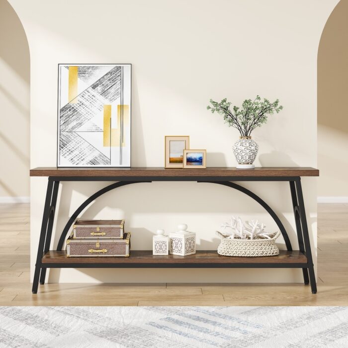 70.8” Extra Long Console Table, Narrow Sofa Tables with 2 Tier Storage Shelves - Image 2