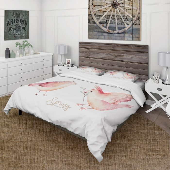 Designart 'Spring Bird On Blooming Branch With Green Leaves' Traditional Duvet Cover Set