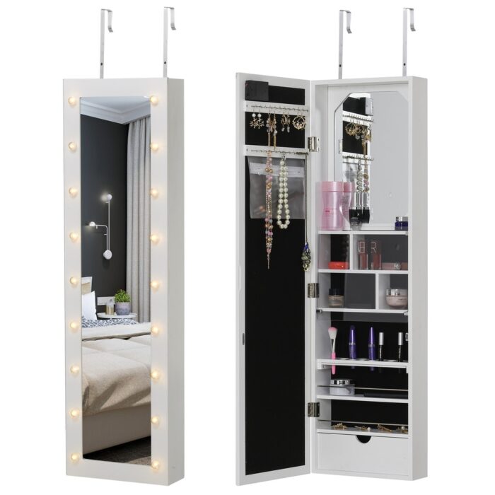 HOMCOM Jewelry Armoire with Mirror and 18 LED Lights, Wall-Mounted/Over-The-Door Cabinet with 3 Mountable Heights