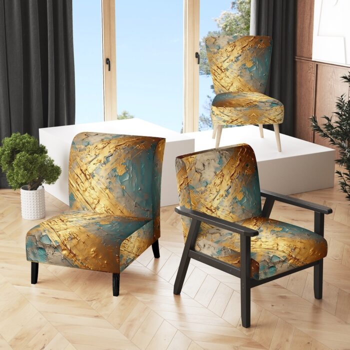 Designart "Exquisite Evening Glow Vintage Gold On Teal I" Upholstered Modern Geometric Accent Chair and Modern Arm Chair