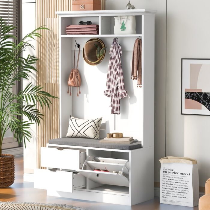 Wide Hall Tree with Storage Bench 5-in-1 Entryway Cushion Bench, White