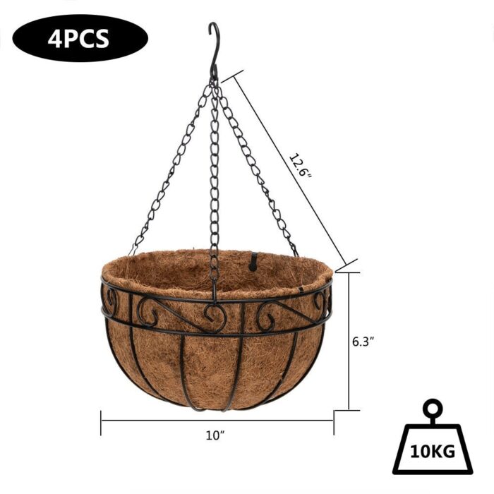 Artisasset 4pcs 10" Black Painted Round Wrought Iron Coconut Palm Hanging Basket - Image 2