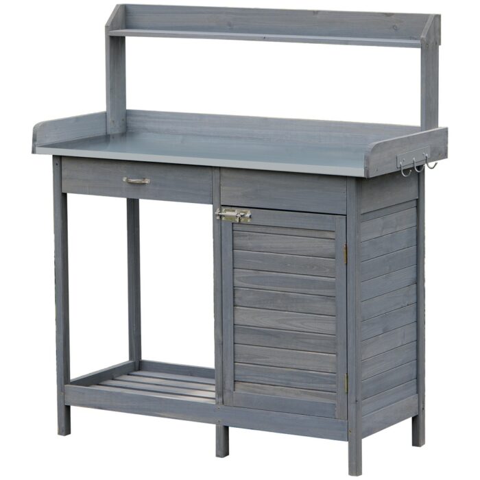 Outsunny Potting Bench Table with Storage Cabinet and Open Shelf, Garden Planting Workstation with Steel Tabletop - Image 2