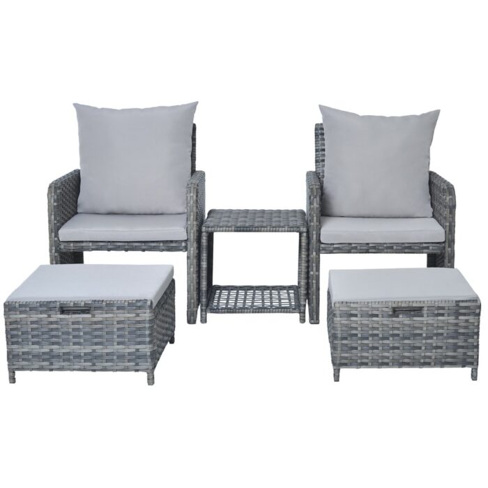5-Piece PE Rattan Outdoor Patio Set with 2 Chairs, 2 Ottomans, Coffee Table