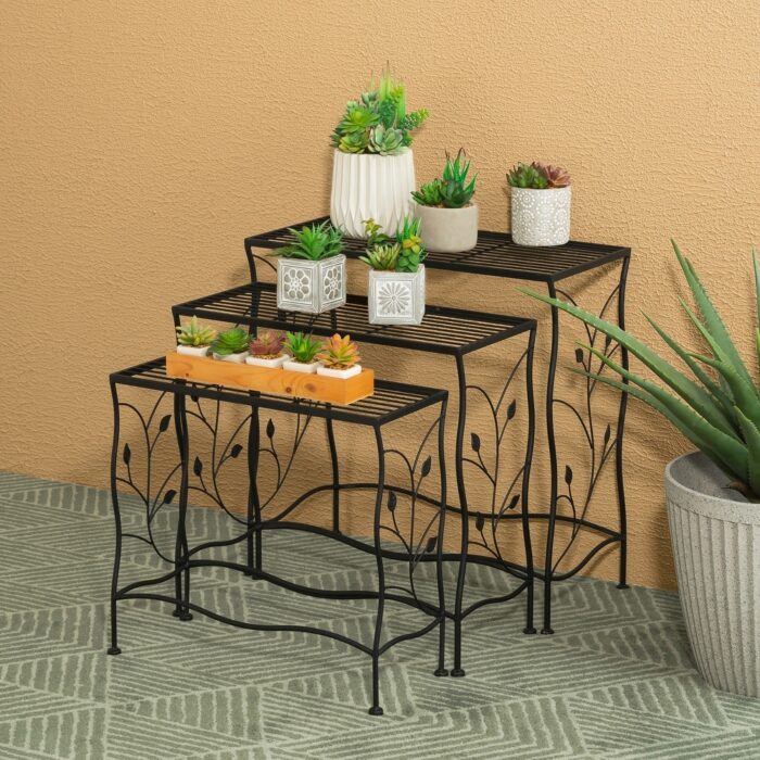 Glitzhome Set of 3 Rectangular Multifunctional Metal Planter Stands Nesting Side Tables Bakers Racks
