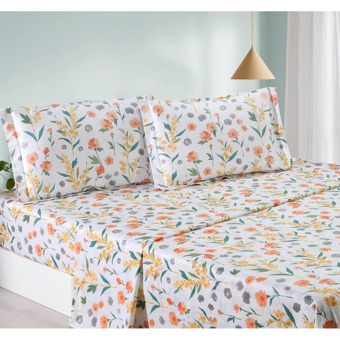 Estella Orange White Floral 100% Cotton Sheet Set with Pillowcase