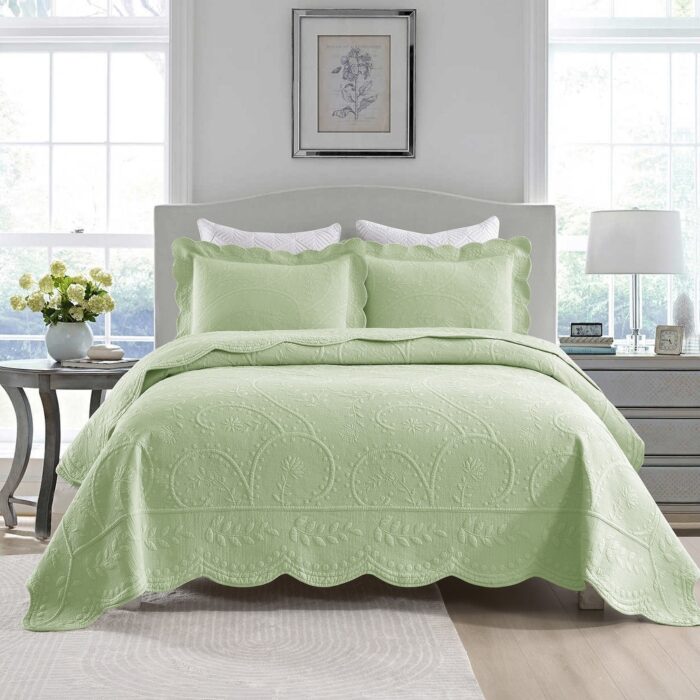 MarCielo 3-Piece Elegantly Embroidered 100% Cotton Oversized Quilt Bedspread Set TX