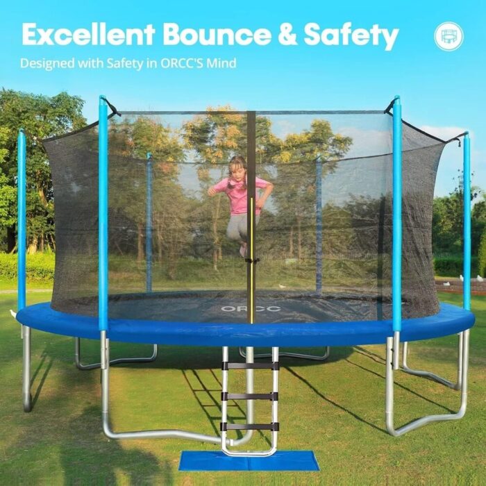 Trampoline ASTM and CPSIA Approved 10ft Kids Recreational Trampolines with Enclosure Net Ladder Outdoor Backyard Family - Blue - Image 2