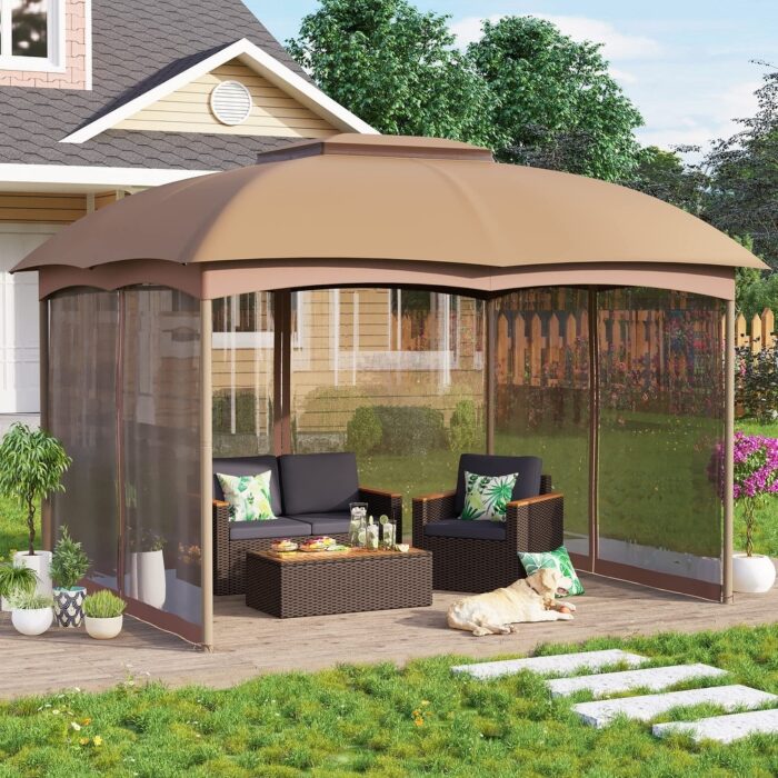 PHI VILLA 12ft x 10ft Pop Up Double-vented Gazebo with Mosquito Mesh Netting Walls