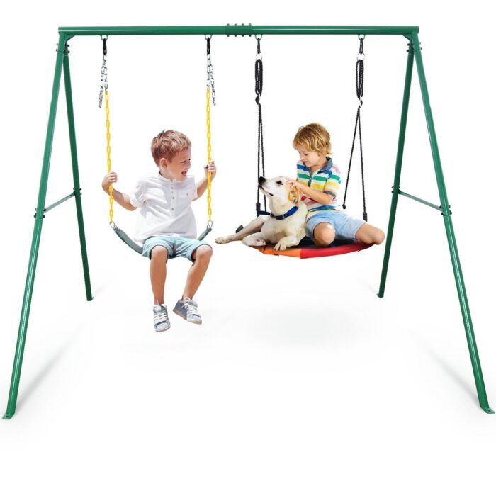 440lbs 2 Seat Swing Set for Backyard, 1 Saucer Swing Seat and 1 Belt Swing Seat with Heavy Duty A-Frame Metal Swing Stand