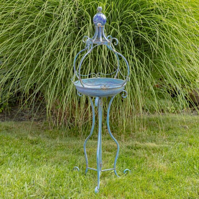 45 Inch Tall Standing Blue Iron Birdbath with Ceramic Sailor Ball - 14.57x14.57x44.88 - Image 2