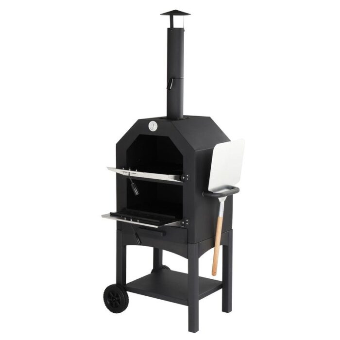 Freestanding Outdoor Wood-fired Pizza Oven with Thermometer and Wheels - N/A