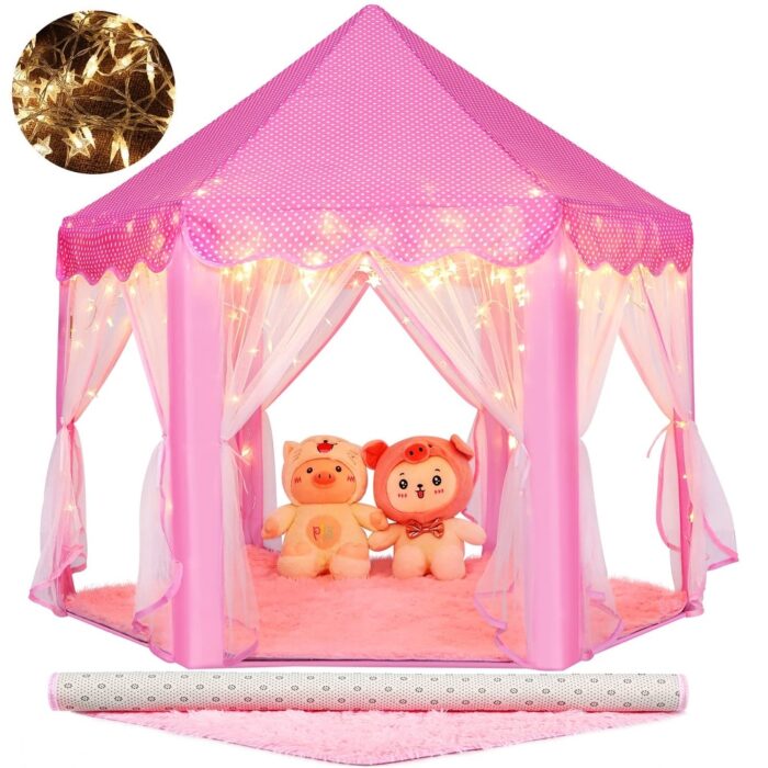Large Playhouse Kids Castle Play Tent with Star Lights, Play Mat