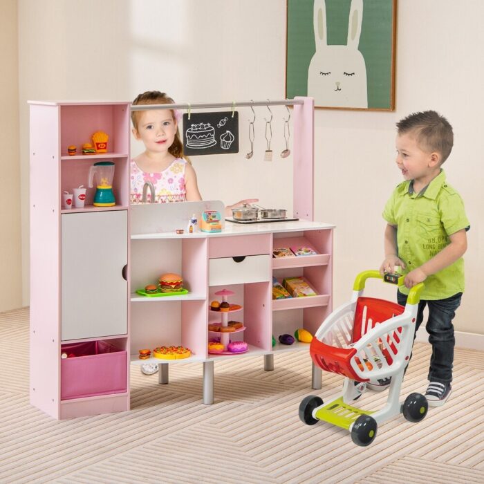 2-in-1 Double-sided Kids Kitchen and Market with Realistic Light and Sound-Pink - 40” x 16” x 39.5” (L x W x H)