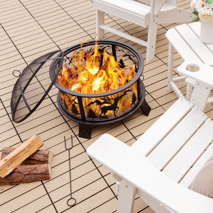 26" Outdoor Fire Pit Wood Burning Metal Firepit Bowl with Spark Screen