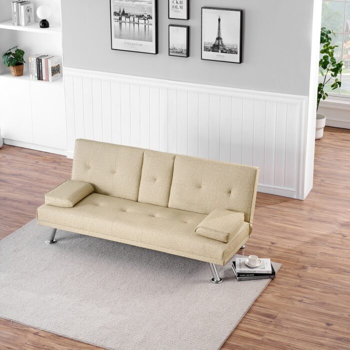 Multifunctional Sleeper Loveseat Sofa Convertible Leather Recliner Loveseat Folding Sofa Bed w/ Console, Removable Arms, Beige