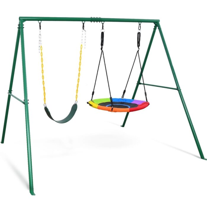 440lbs 2 Seat Swing Set for Backyard, 1 Saucer Swing Seat and 1 Belt Swing Seat with Heavy Duty A-Frame Metal Swing Stand - Image 2