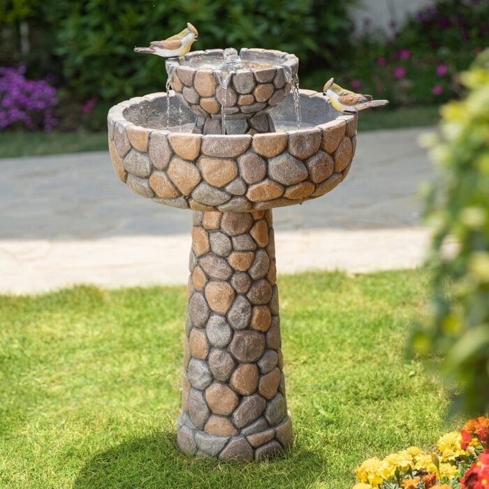 Glitzhome 24.5-inch Outdoor 2-tier Faux Pebbles Polyresin Birdbath Fountain with Pump