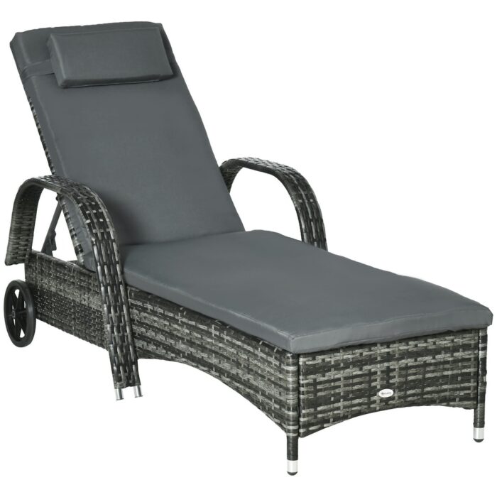 Outsunny Patio Wicker Cushioned Single Lounge, Outdoor PE Rattan Wheeled Chaise Lounge Chair Height Adjustable Backrest - Image 2