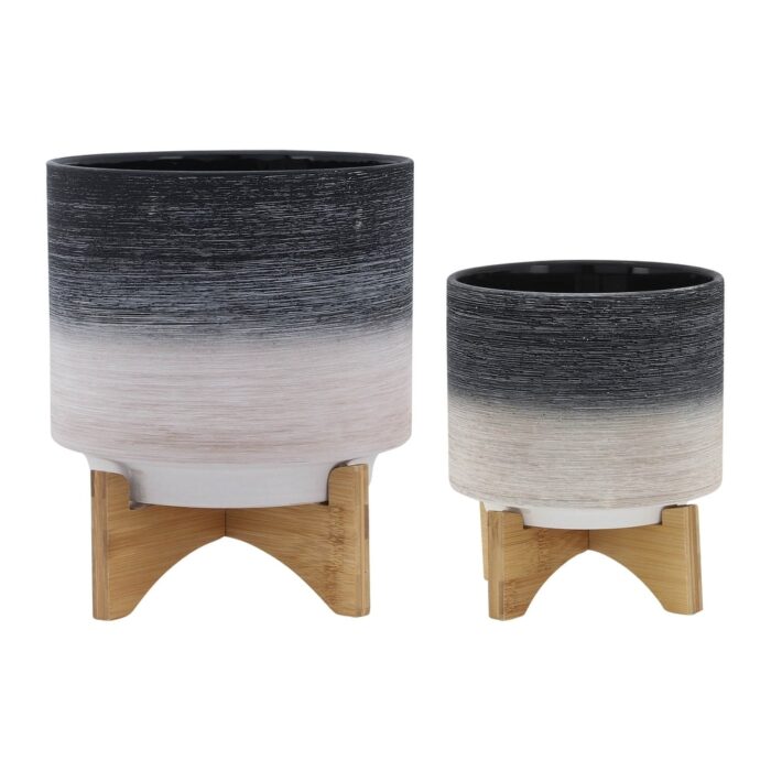 Set of 2 Modern Ceramic Planter with Wood Stand Indoor Outdoor Garden Cactus Succulent Planters Decoration Living Room