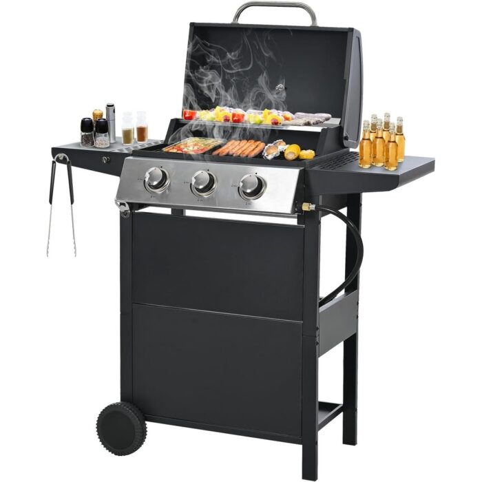 3-Burner Propane Gas BBQ Grill with Top Cover Lid, Wheels