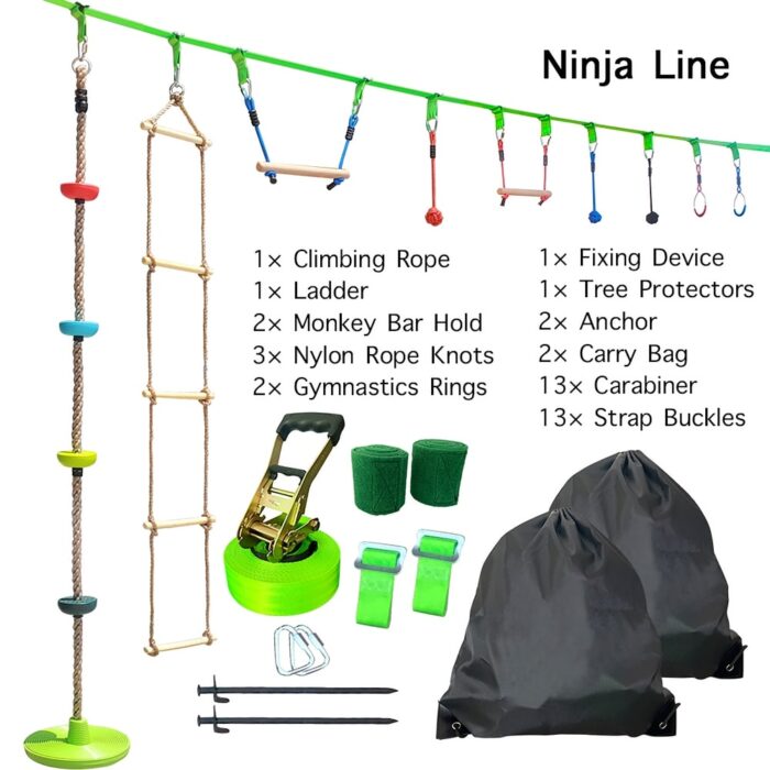 50ft Ninja Slackline Jungle Swing Gym Ninja Warrior Obstacle Course for Kids with Climbing Rope Disc Swing Set - Image 2