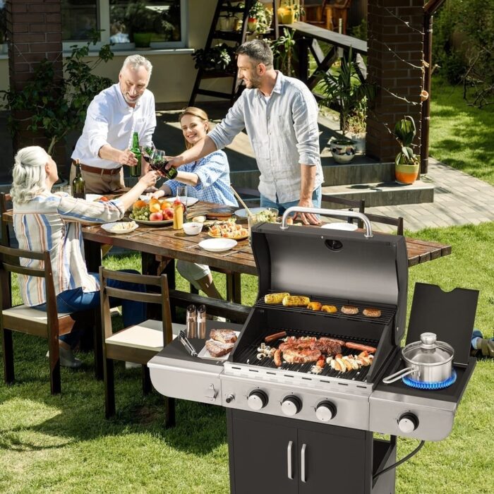 Outdoor 6+1 Burner BBQ Propane Gas Grill - 58000 BTUs Stainless Steel Patio Barbecue Grill with Stove and Side Table