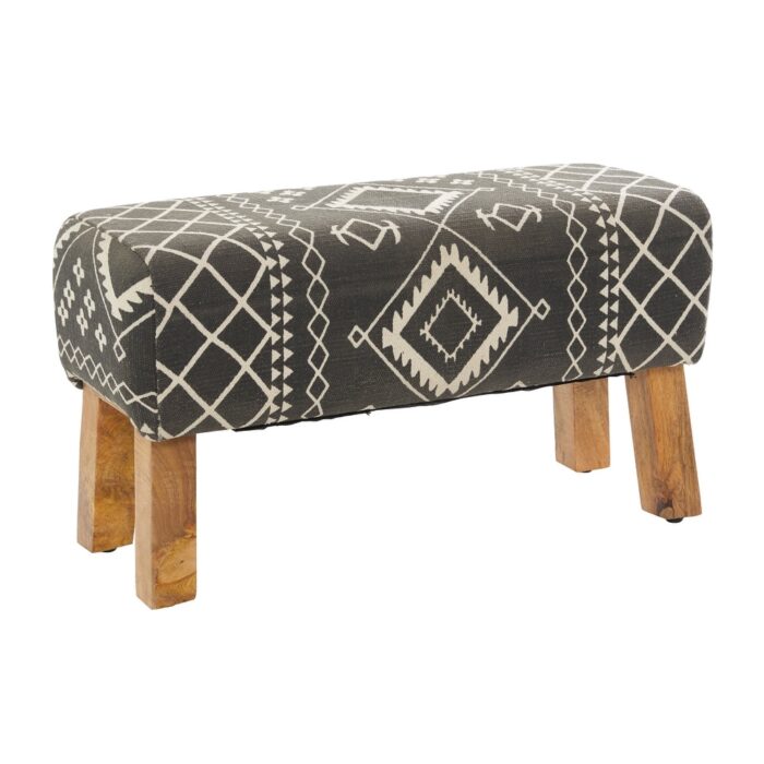 Black Wood Tribal Bench with Wood Legs - 33 x 15 x 18 - Image 2