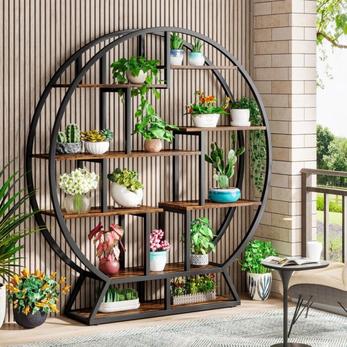 Industrial Round Plant Stand, 63 Inch Plant Shelf Holder, Multipurpose Flower Pot Stands with 8 Shelves - Image 2
