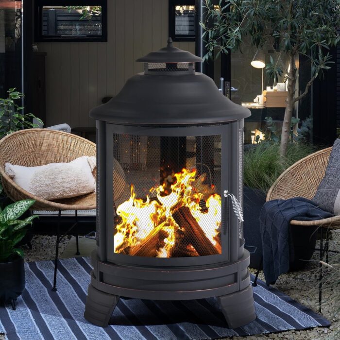 Chiminea Fire Pit with Grill for Outdoor, 2 in 1 Fire Pit with Removable Grate