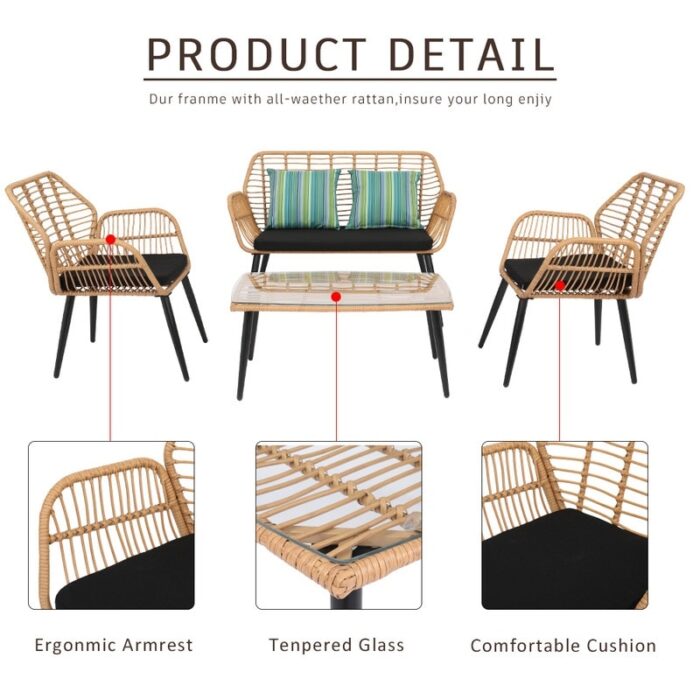 Patio 4-Piece PE Rattan Conversation Set with Black Cushions - Image 2
