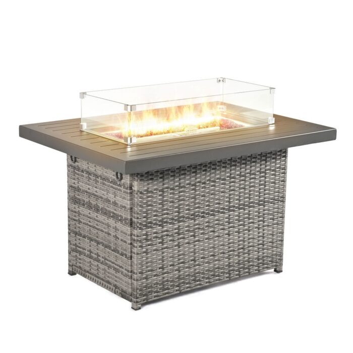 24/7 Shop at Home 43 Inch Rectangular Outdoor Patio 55,000 BTU Rattan Firepit Table with Glass Wind Guard