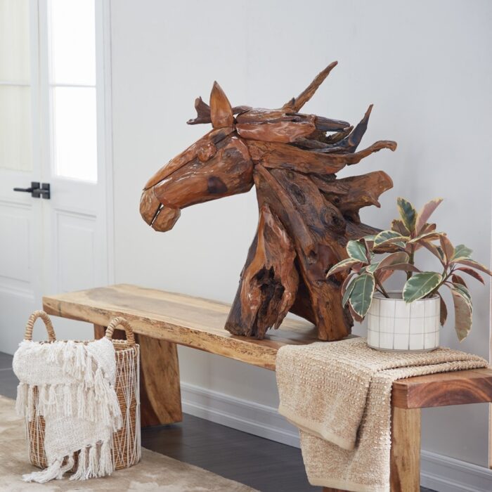 Brown Teak Wood Handmade Horse Sculpture - 31 x 13 x 33