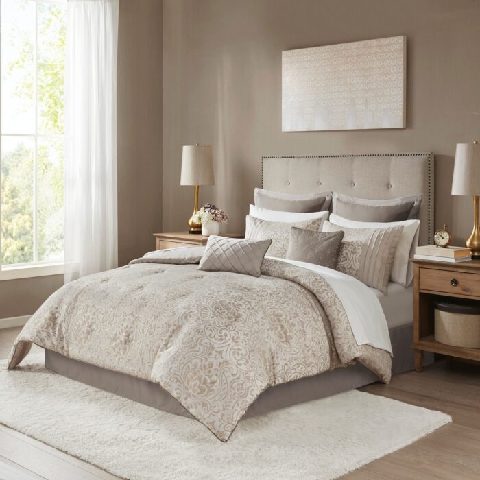 Madison Park Maisie Khaki 12 Piece Jacquard Comforter Set with Bed Sheets - Image 2