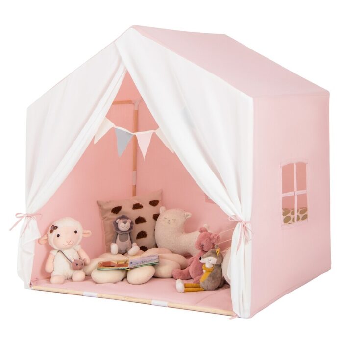 Kid's Play Tent with Washable Cotton Mat and Flag Banner - 52" x 36" x 51.5" (L x W x H)