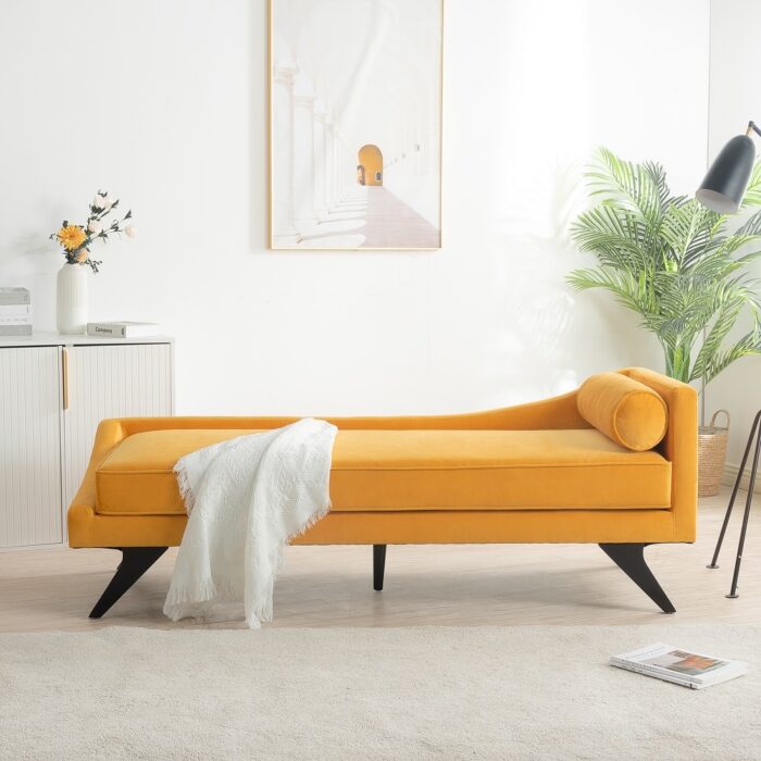 Right Square Arm Reclining Chaise Lounges with Rolled Pillow, Yellow