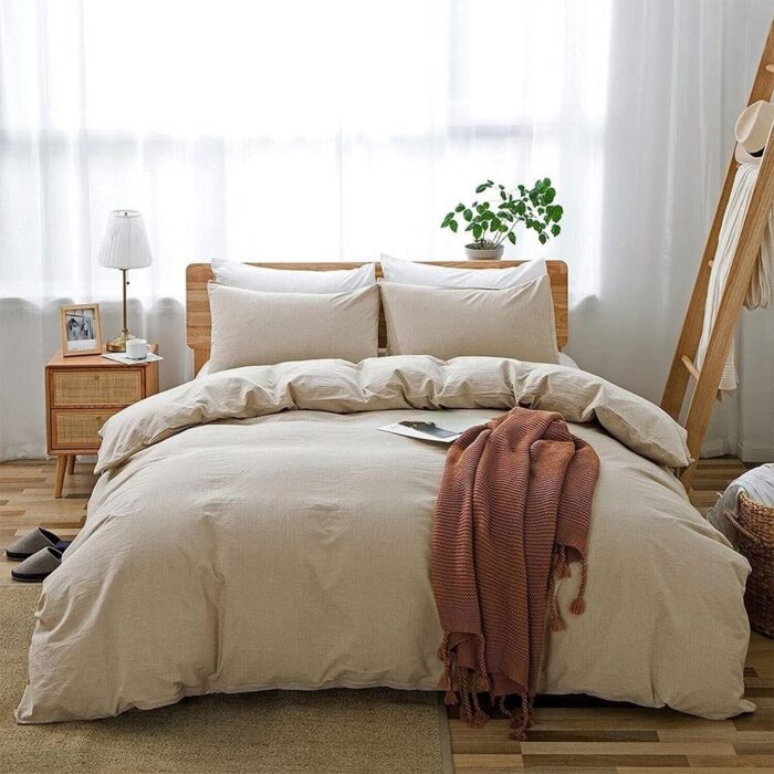 King Size Washed Cotton Duvet Cover Linen-Like Textured Beige