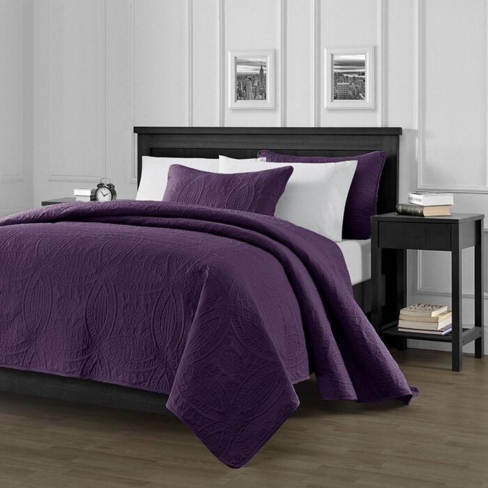 3pc King Size Oversized Bedspread Coverlet Set Purple
