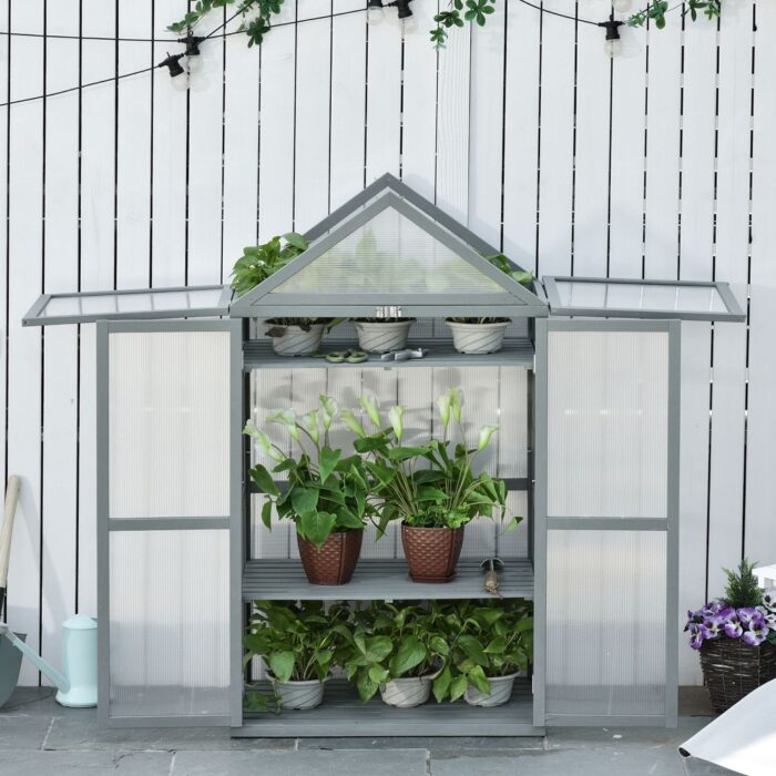 Outsunny 32" x 19" x 54" Garden Wood Cold Frame Greenhouse Flower Planter with Adjustable Shelves, Double Doors, Grey