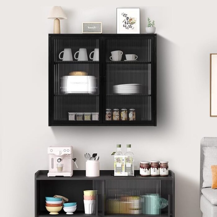 3-tier Storage Medicine Cabinet Fluted Glass Wall Cabinet, Black - Image 2