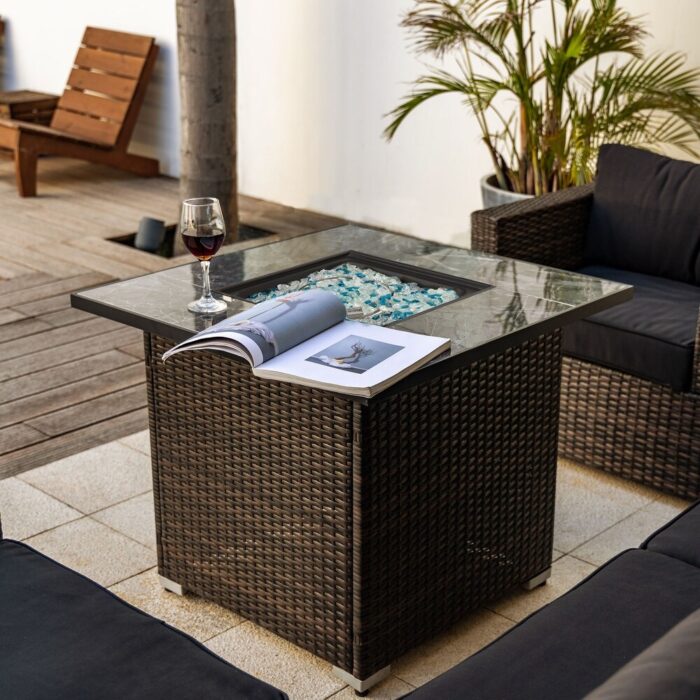 Outdoor Propane Gas Fire Pit Table with Glass Rocks and Rain Cover