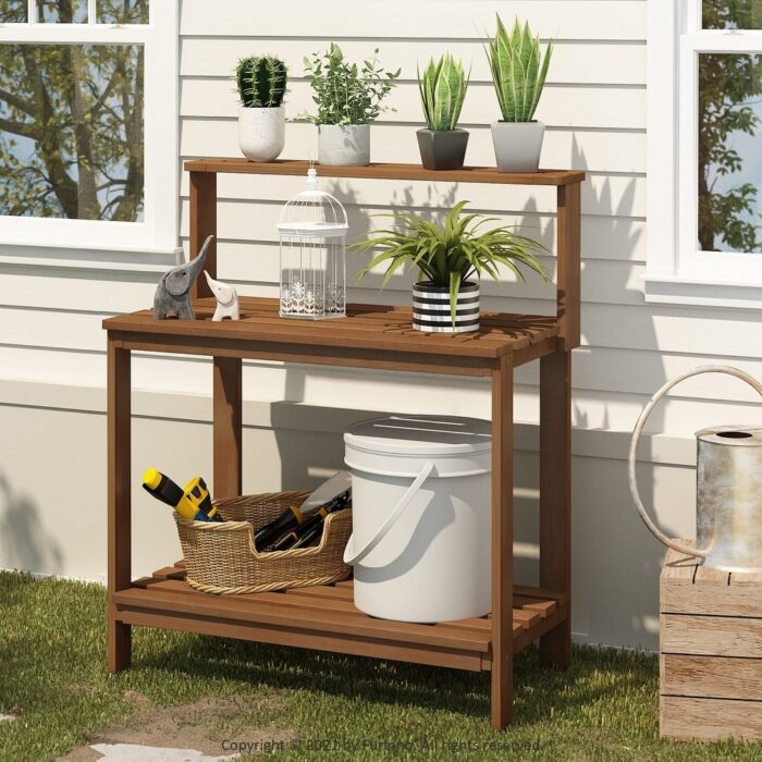 Tioman Outdoor Patio Furniture Hardwood Potting Bench, Natural - Image 2