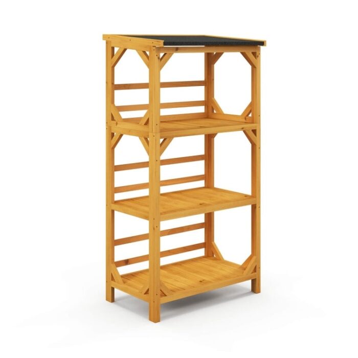 3-Tier Wooden Plant Stand with Weatherproof Asphalt Roof for Patio - 27.5" x 19.5" x 54"