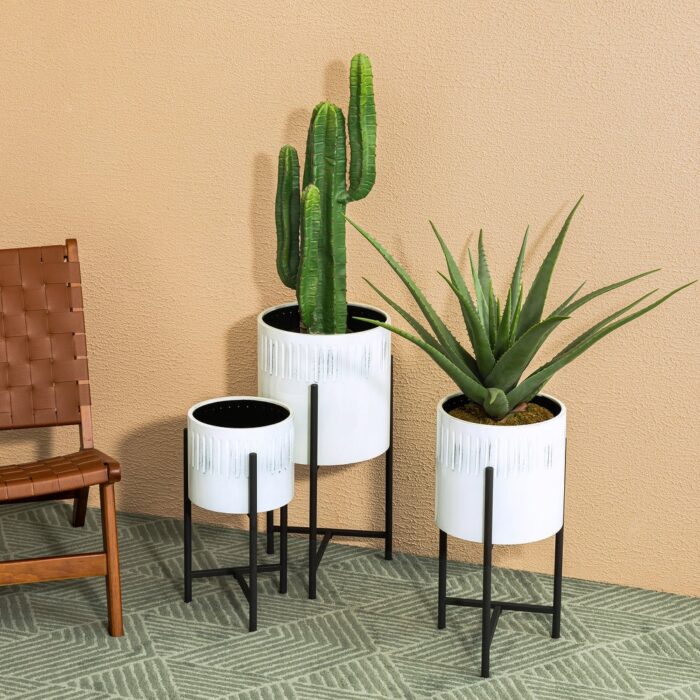 Glitzhome Set of 3 Modern Metal Cachepot Planters with Stands Indoor Outdoor Plant Pot - Image 2