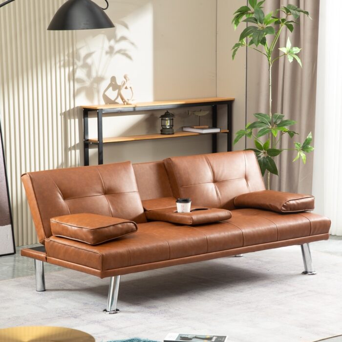 PU Leather Folding Sleeper Loveseat Sofa Convertible Futon Sofa Bed w/ Console and Removable Arm Pillows for Living Room, Brown