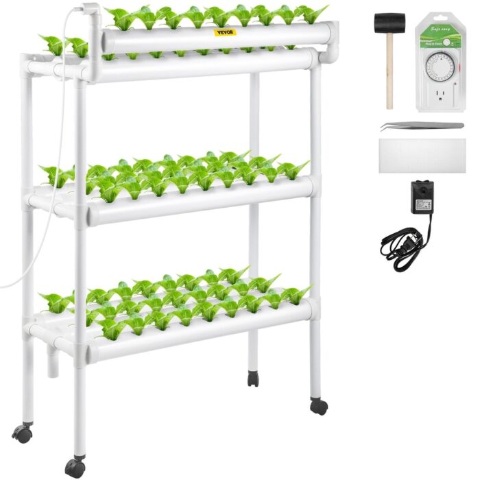 VEVOR White PVC-U Hydroponics Growing System with Water Pump Timer Nest Basket Sponge for Fruits Vegetables Herbs - N/A - Image 2