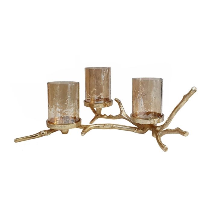 Three Twig with Luster Glass Pillar Holder - 15.75" - Gold